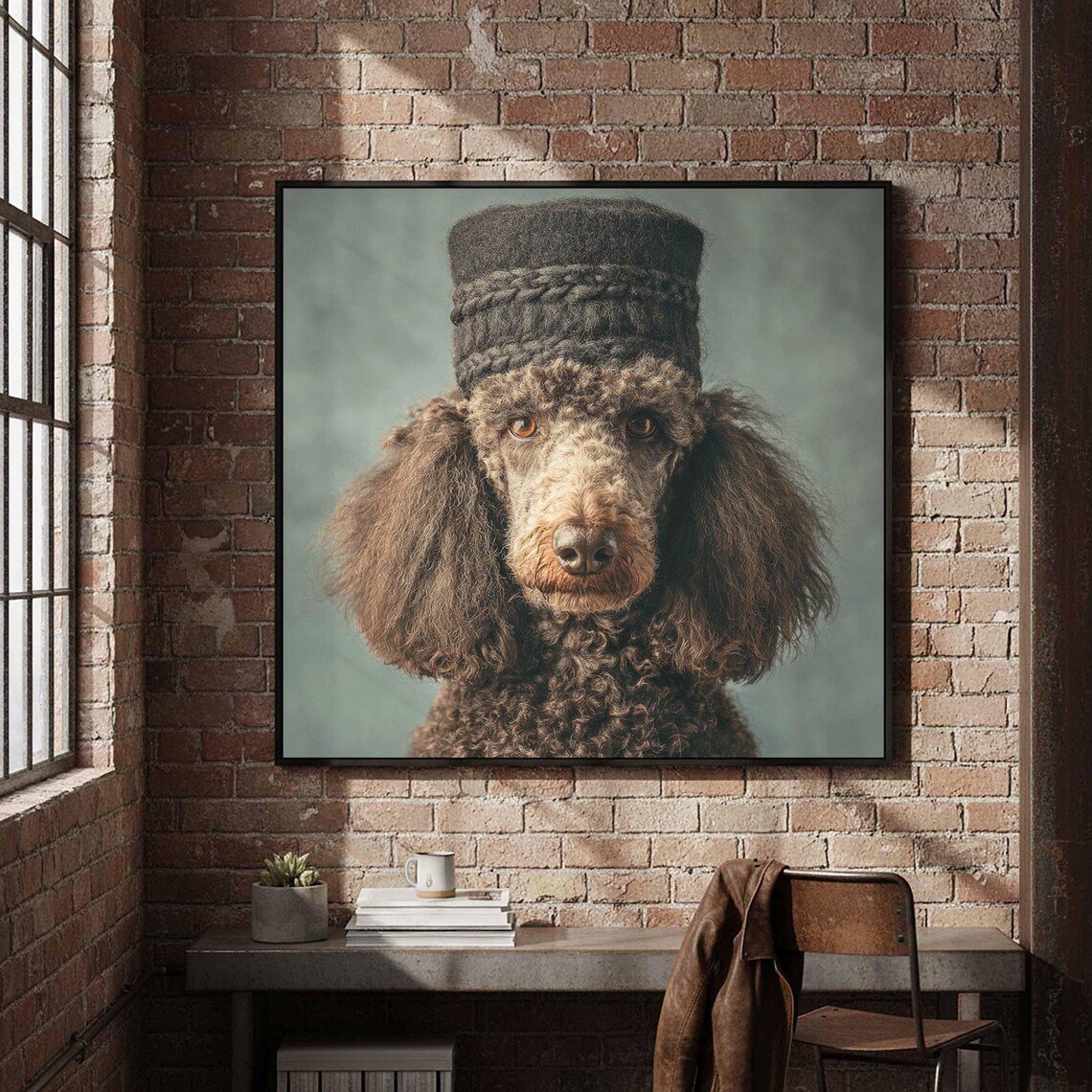 Poodle Wearing Knit Hat Funny Dog Portrait Humor Animal Wall Art