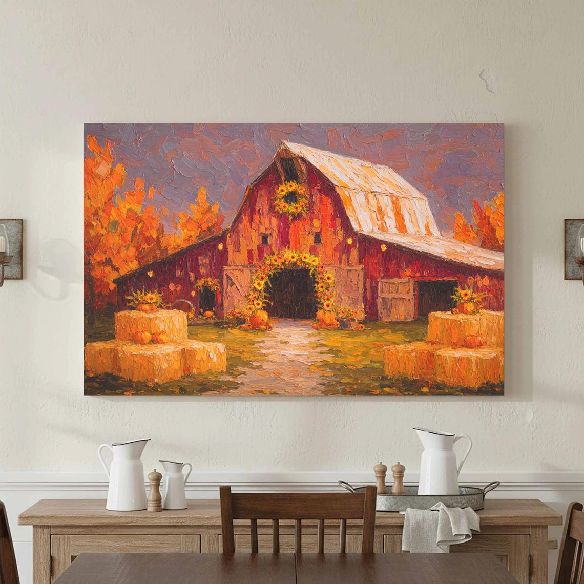 Rustic Autumn Barn Wedding Canvas Art Impressionist Fall Print