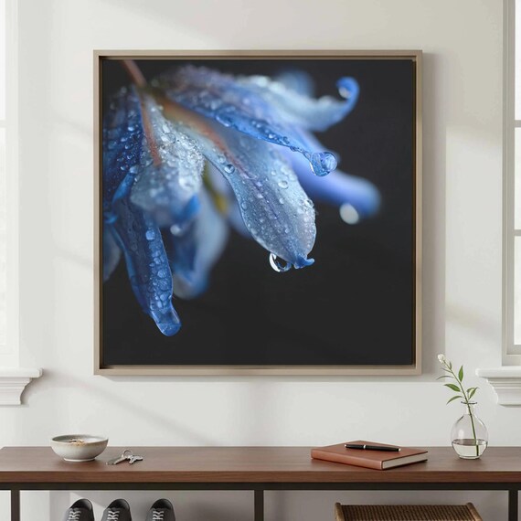 Blue Flower Dewdrops Macro Photography Dark Botanical Poster
