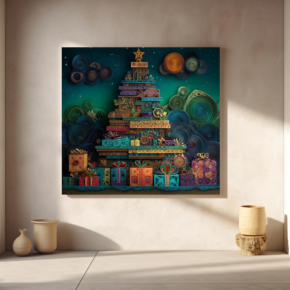Christmas Tree Canvas Wall Art Paper Quilling Abstract Print