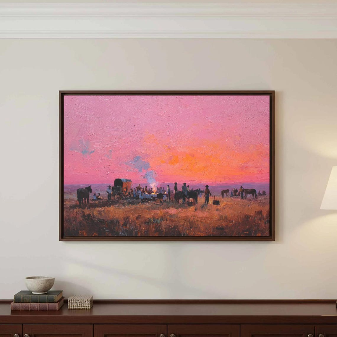 Western Chuckwagon Cowboy Campfire Pink Sunset Frontier Wall Art