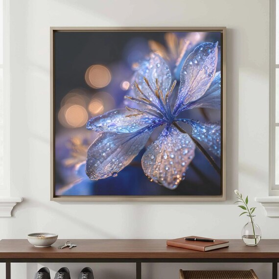 Glowing Blue Flower with Dewdrops Macro Night Photography Wall Art