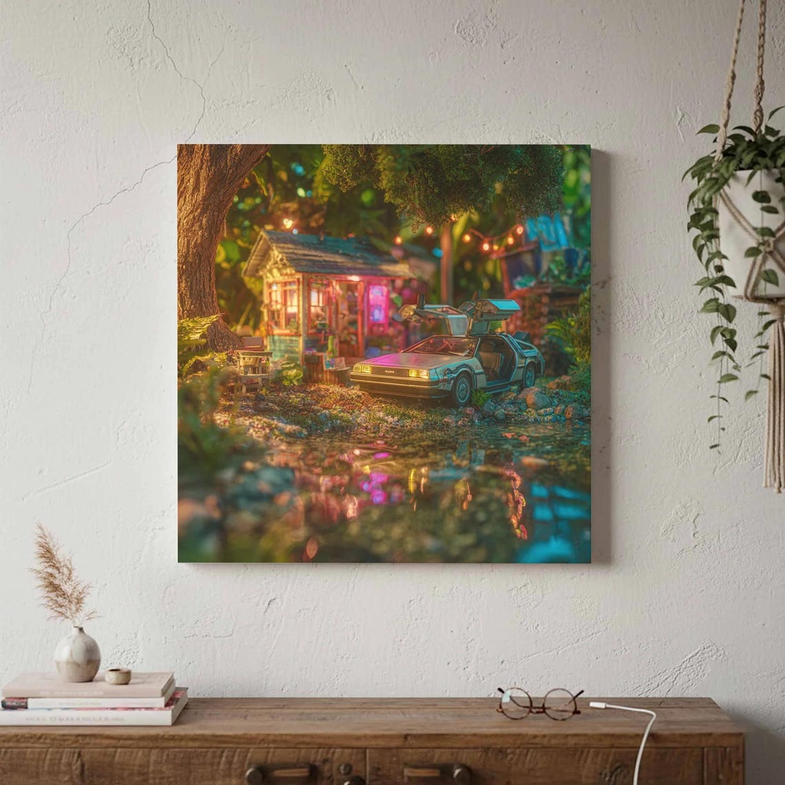 DeLorean Gullwing 80s Neon Night Cabin Retro Car Decor Poster