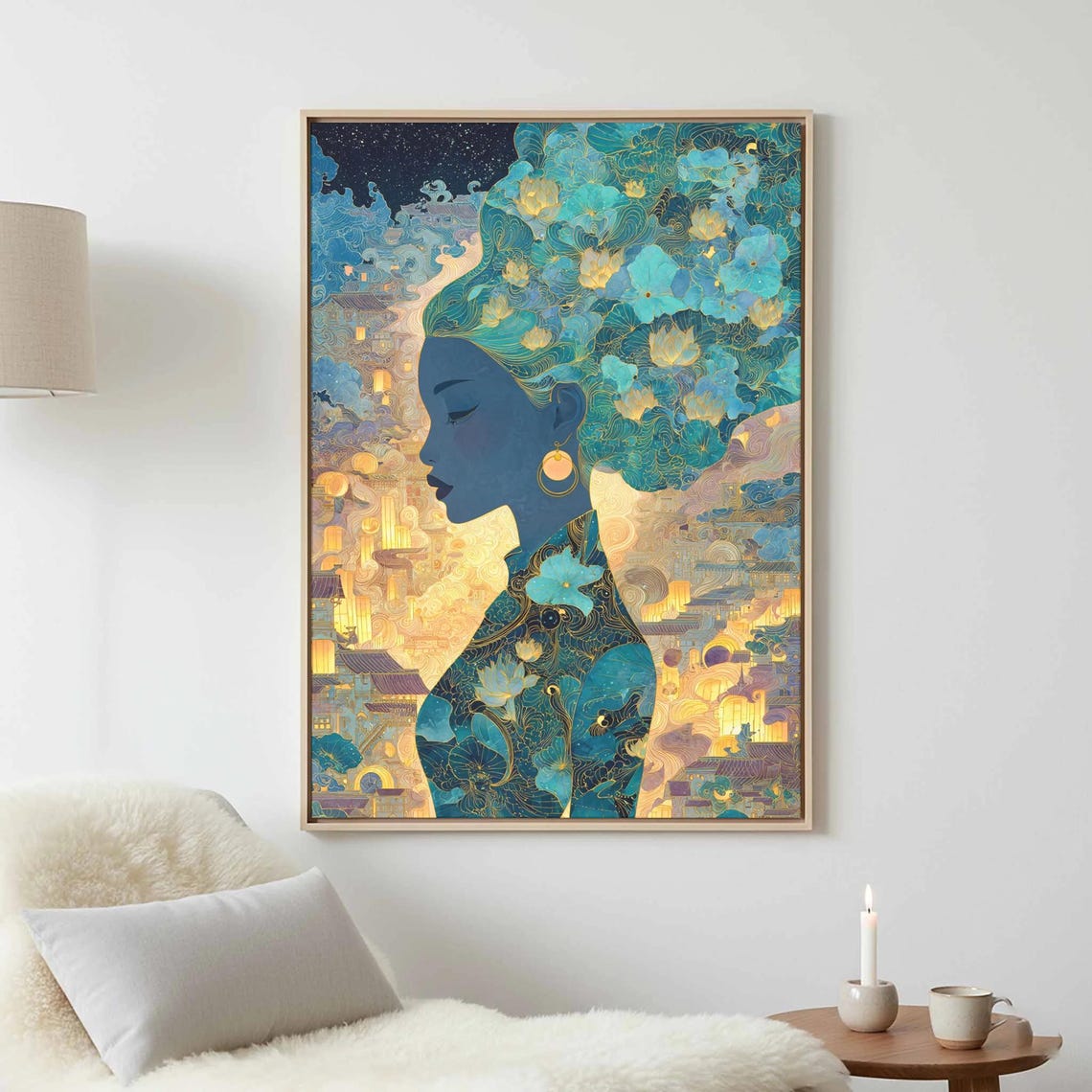 Teal and Gold Chinese Woman Silhouette Profile Elegant Wall Art