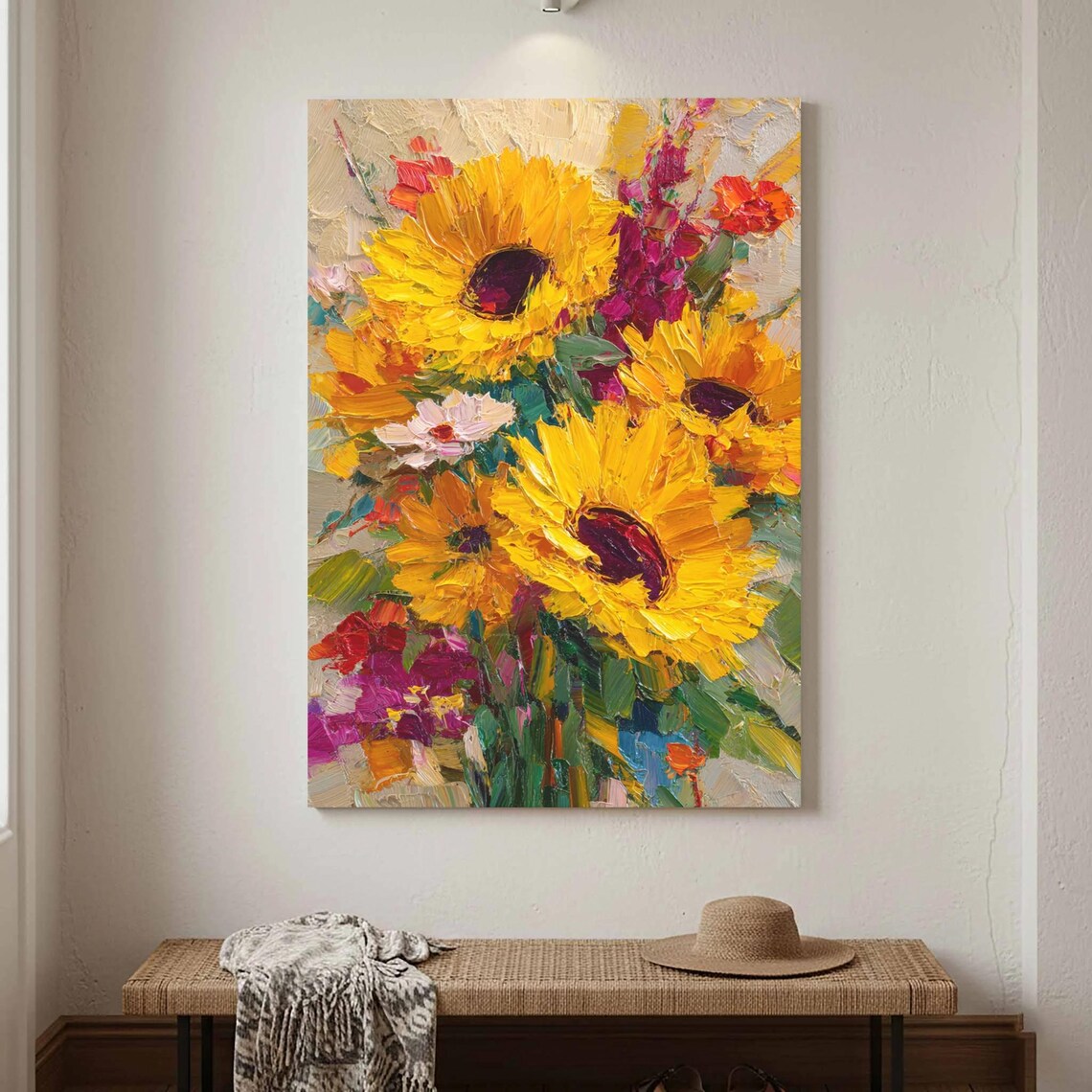 Sunflower Bouquet Bright Yellow Impasto Floral Oil Painting Poster