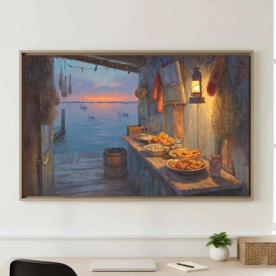 Coastal Seafood Shack Sunset Dock Painting Rustic Kitchen Poster