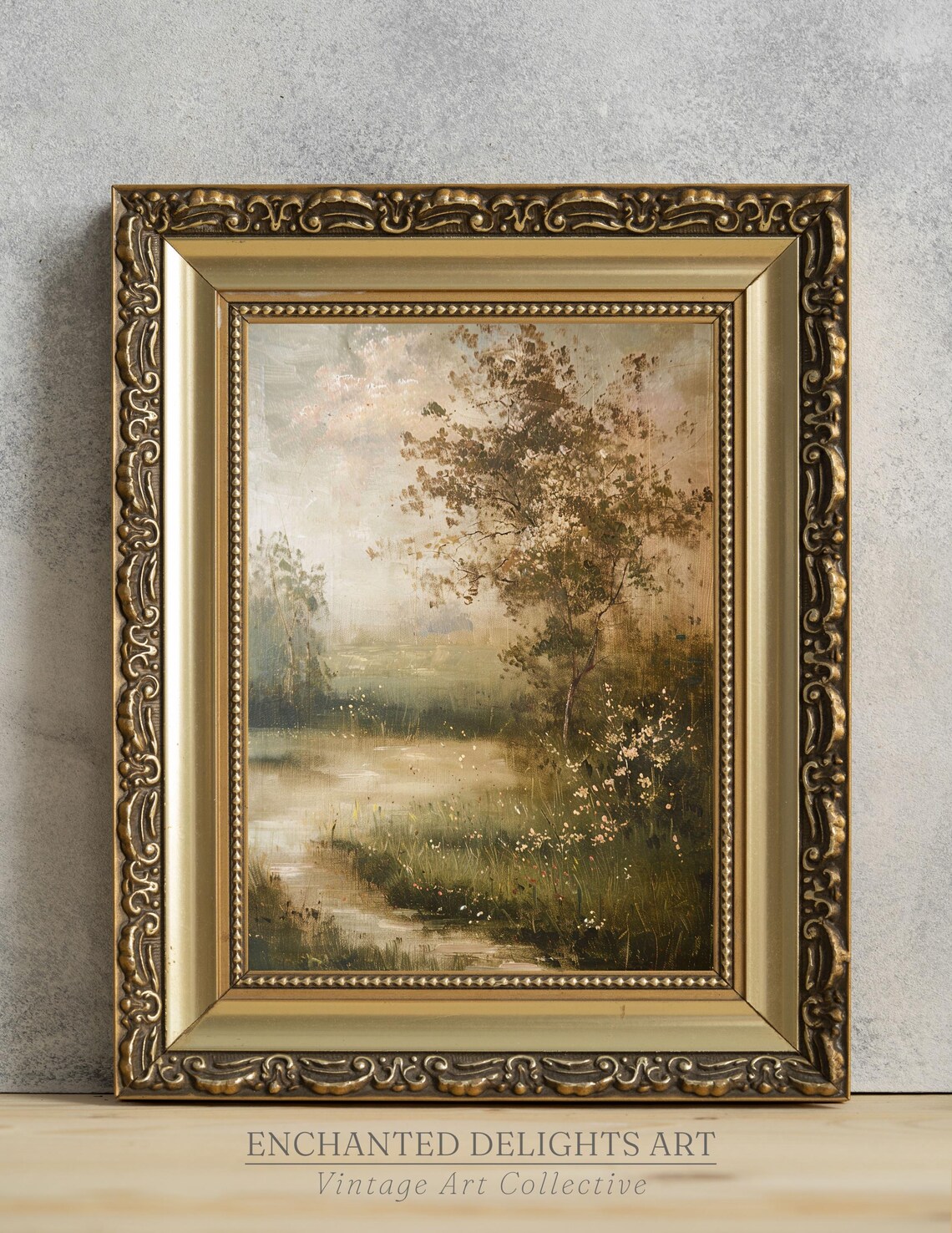 Misty Pond Meadow Trees Vintage Pastoral Landscape Painting Poster