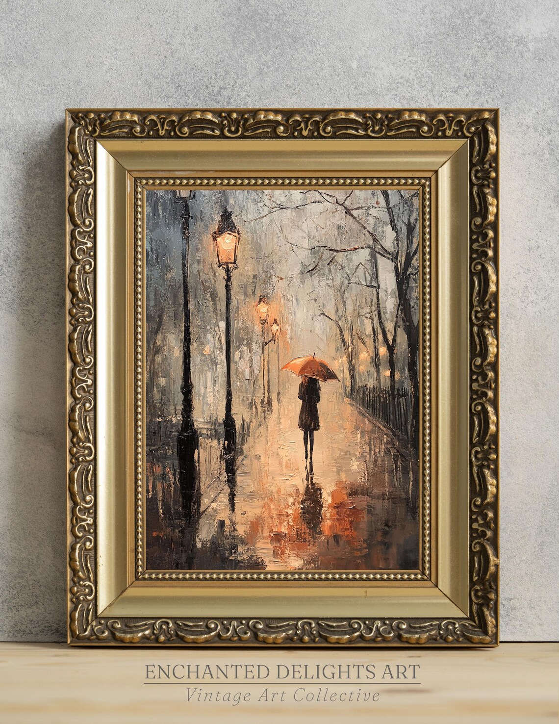 Rainy Autumn Park Alleyway Woman With Umbrella Vintage Oil Painting Poster