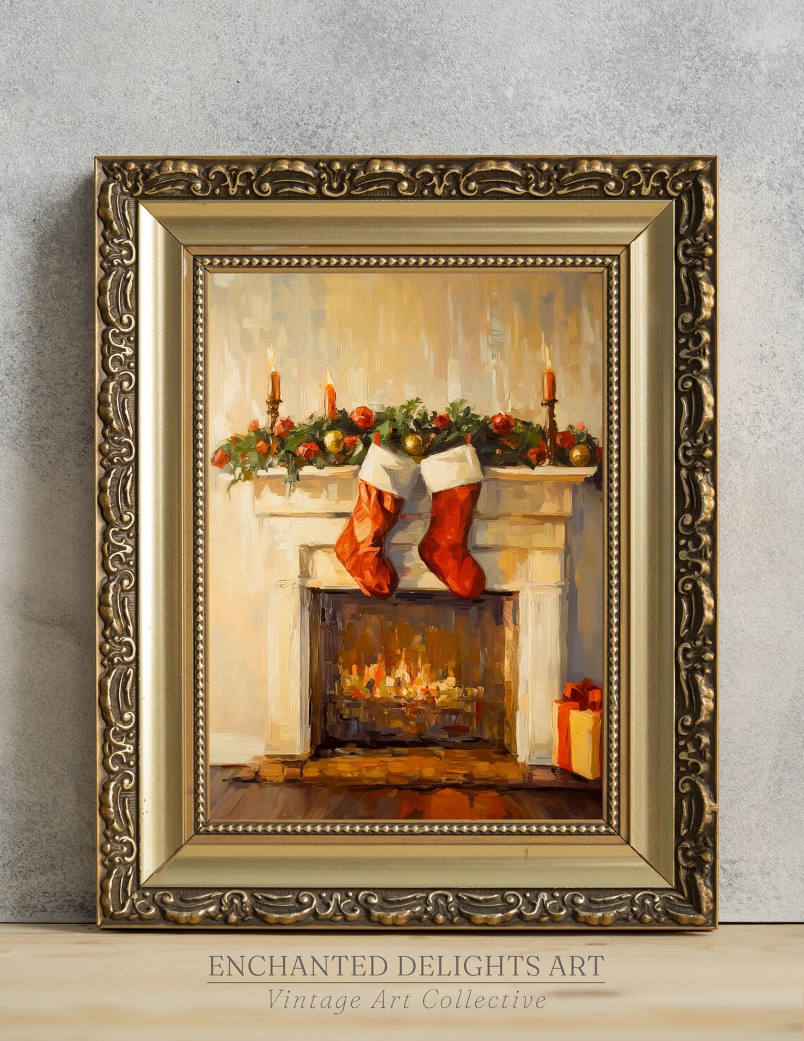 Christmas Fireplace Stockings Candles Cozy Impressionist Art Poster