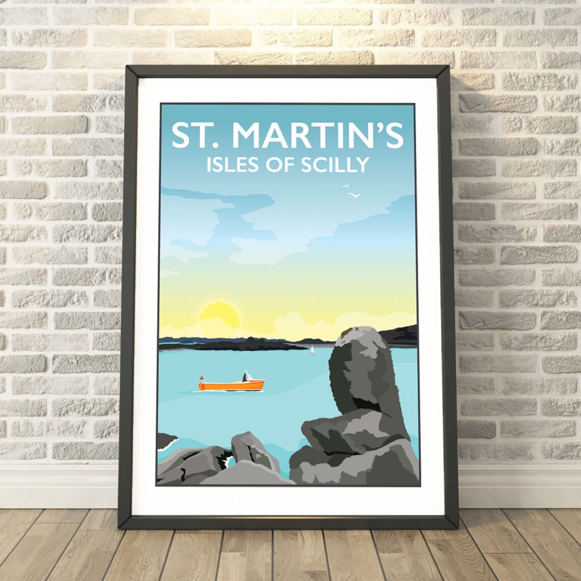 St Martins Isles Of Scilly Travel Poster Sunset Boat And Rocky Shore