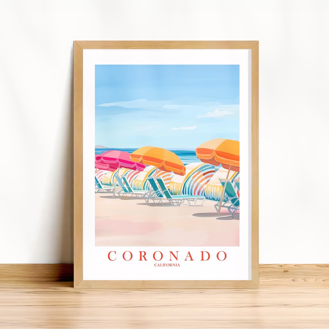 Coronado California Beach Umbrellas Sunny Retro Travel Poster