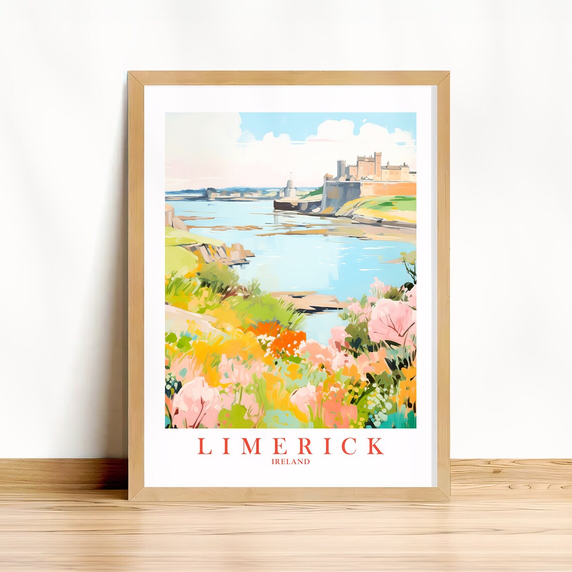 Limerick Ireland Castle on the River Travel Poster Wildflowers