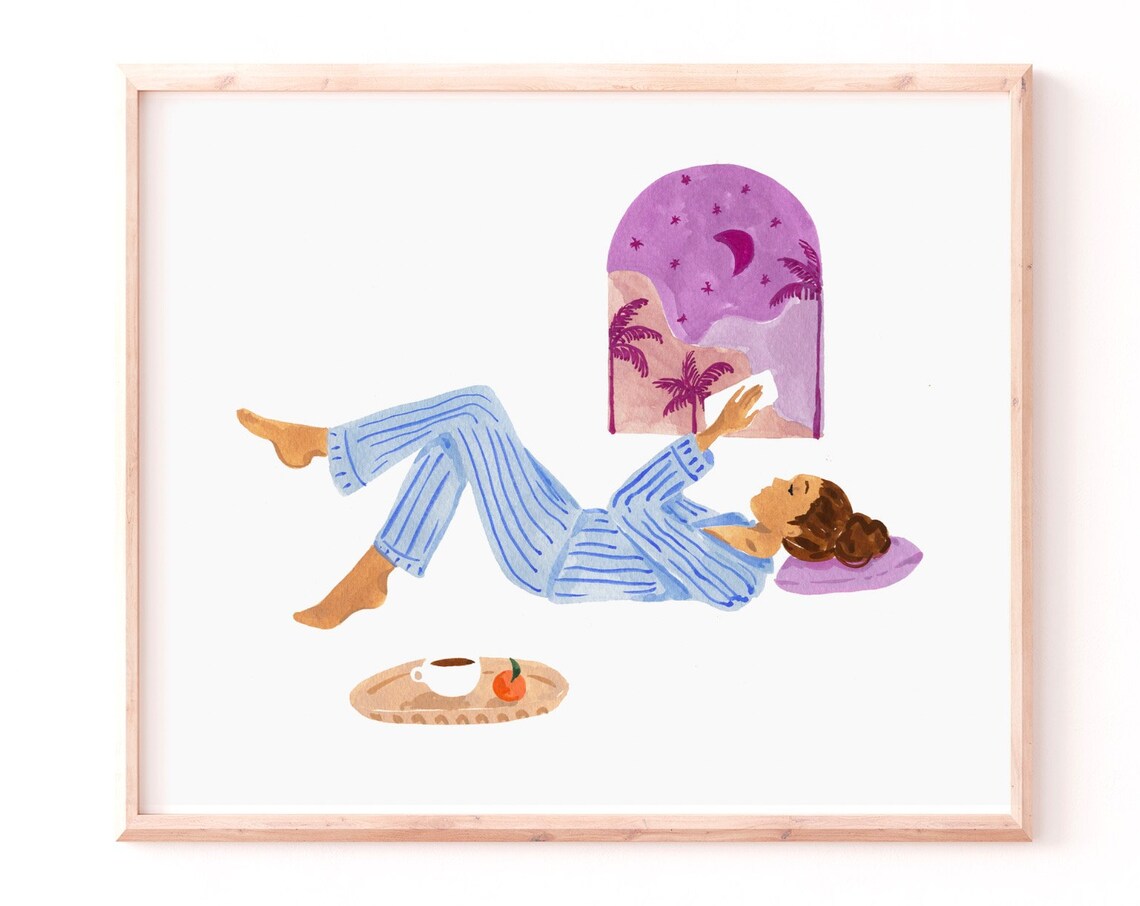 Lounging Woman in Pyjamas, Bedroom Art Print - Image 4