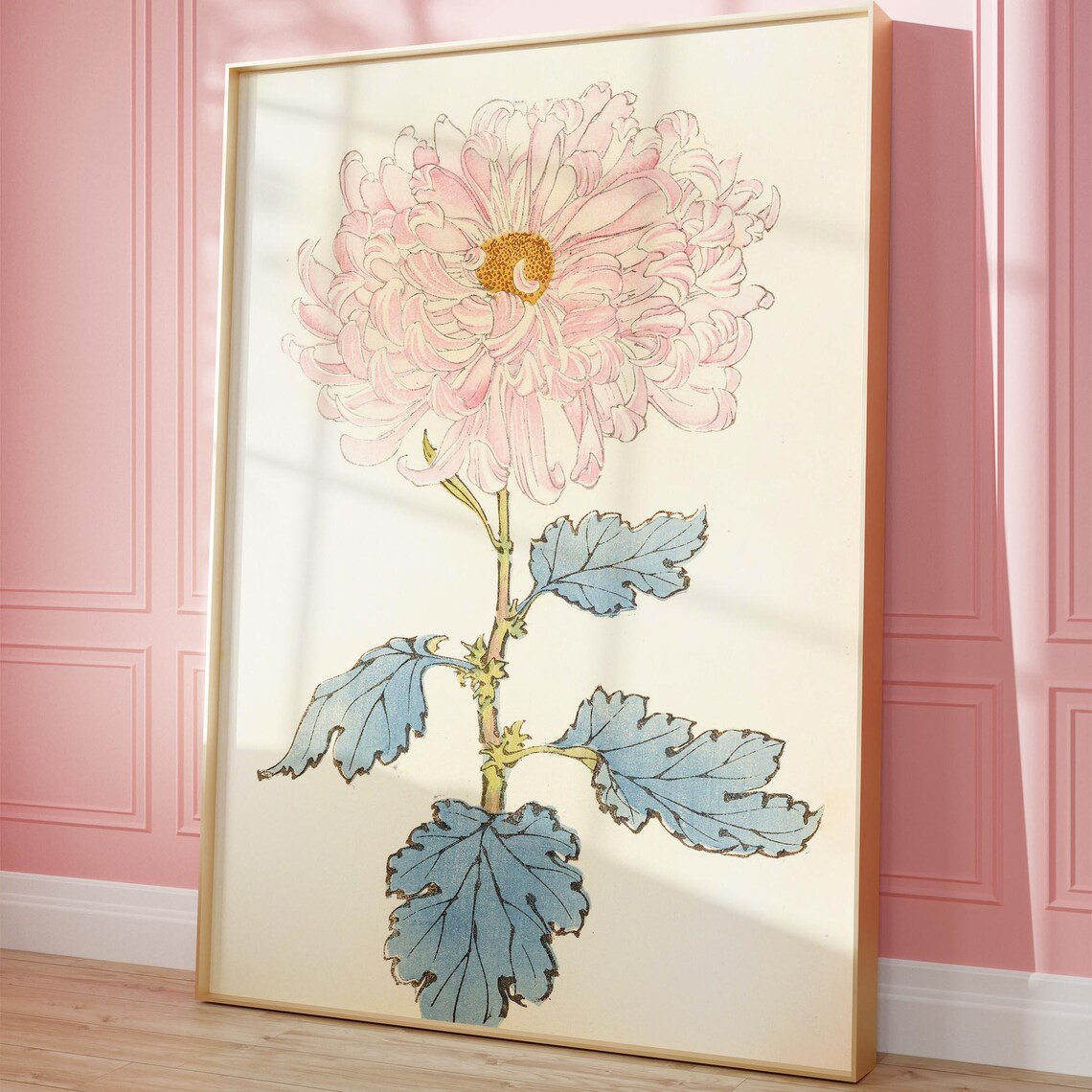 Pink Chrysanthemum Japanese Woodblock Delicate Flower Poster