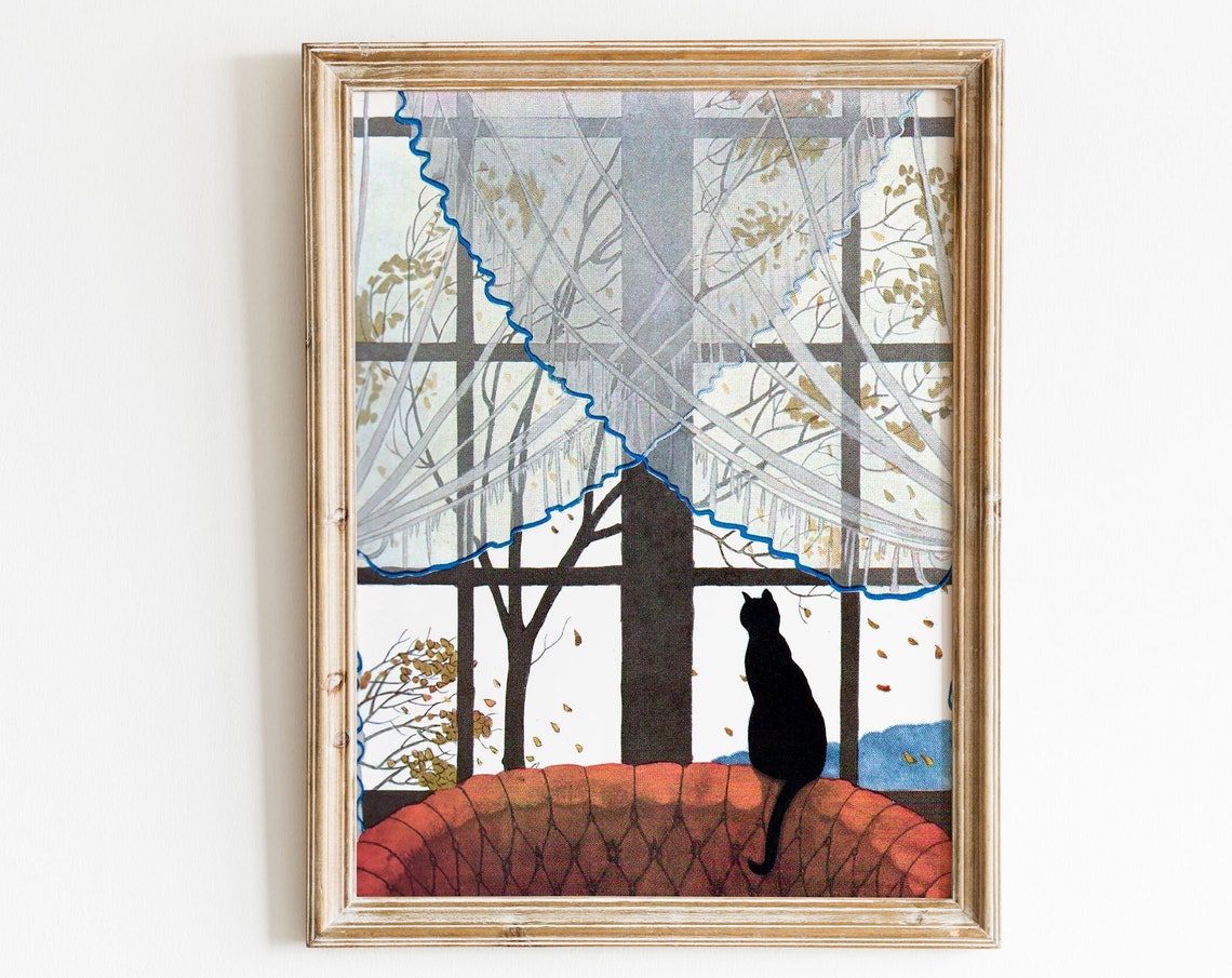 Black Cat Autumn Window Silhouette Vintage Illustration Art Print