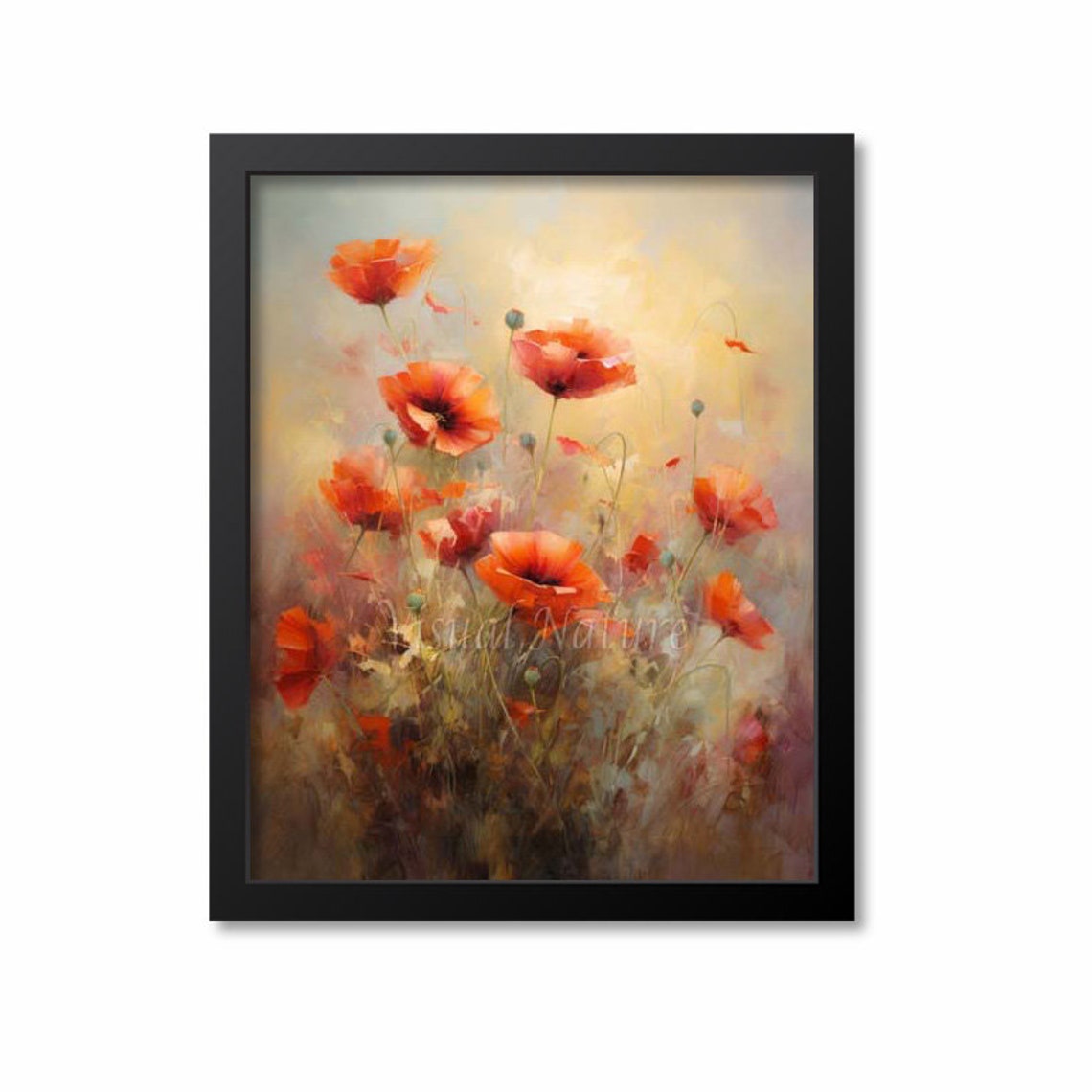 Red Poppies in Golden Mist Impressionist Meadow Floral Art Poster