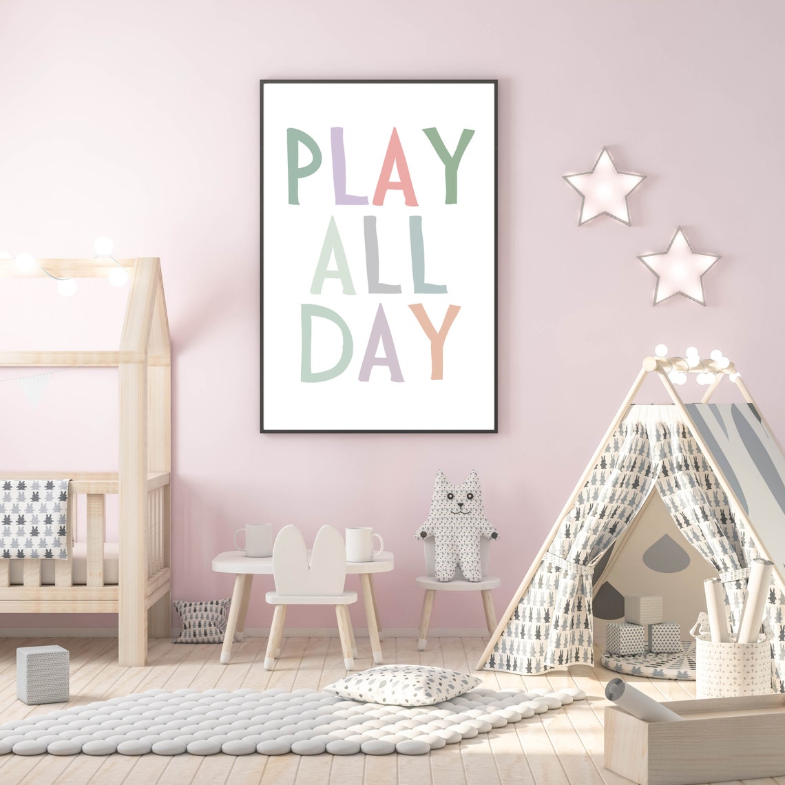 Play All Day Pastel Block Letters Kids Room Nursery Wall Decor Poster - Image 2