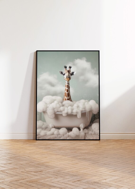 Giraffe in Bubble Bath Whimsical Funny Bathroom Animal Art Poster