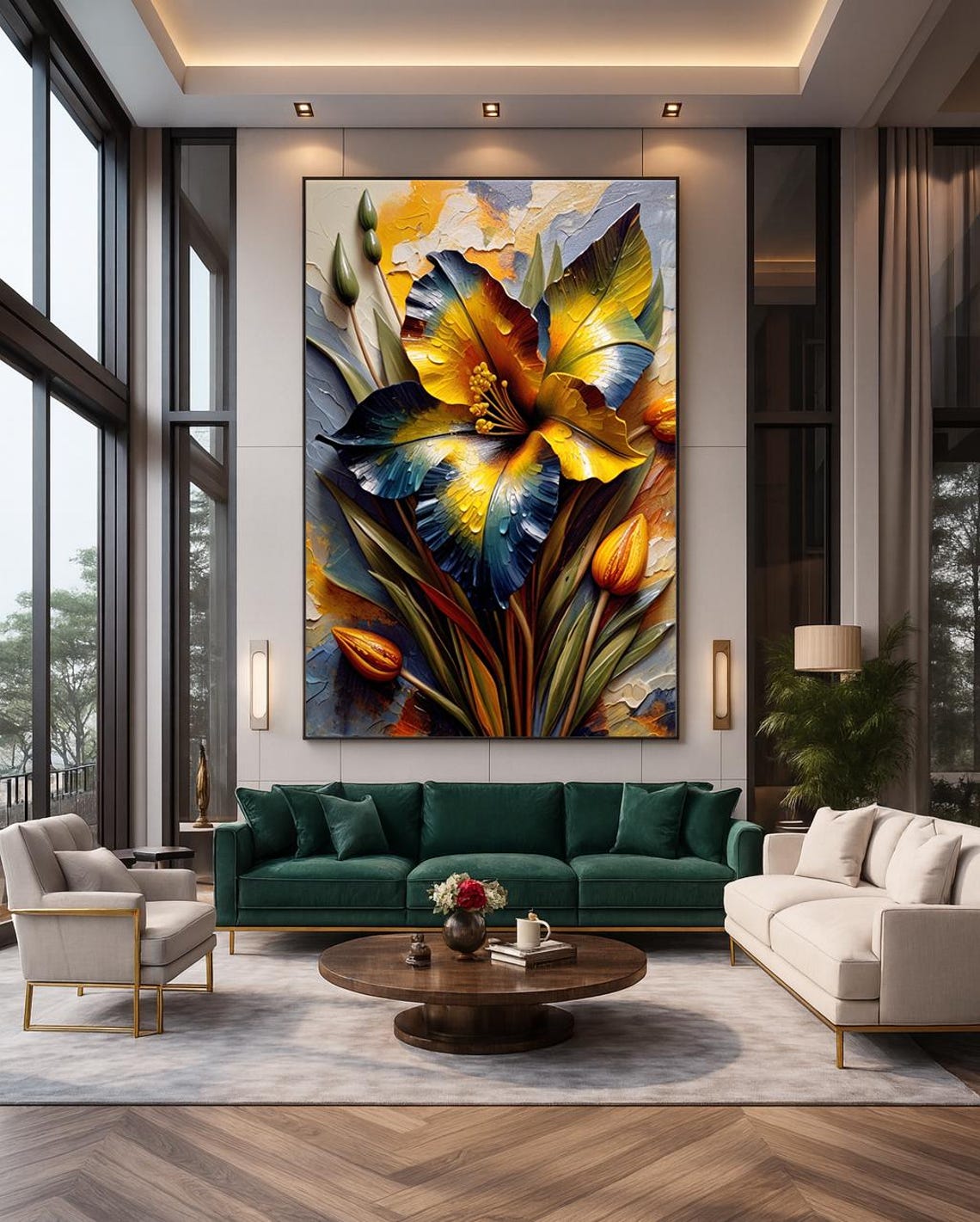 Blue Gold Iris Blossom Impasto Flower Bold Modern Botanical Art Print