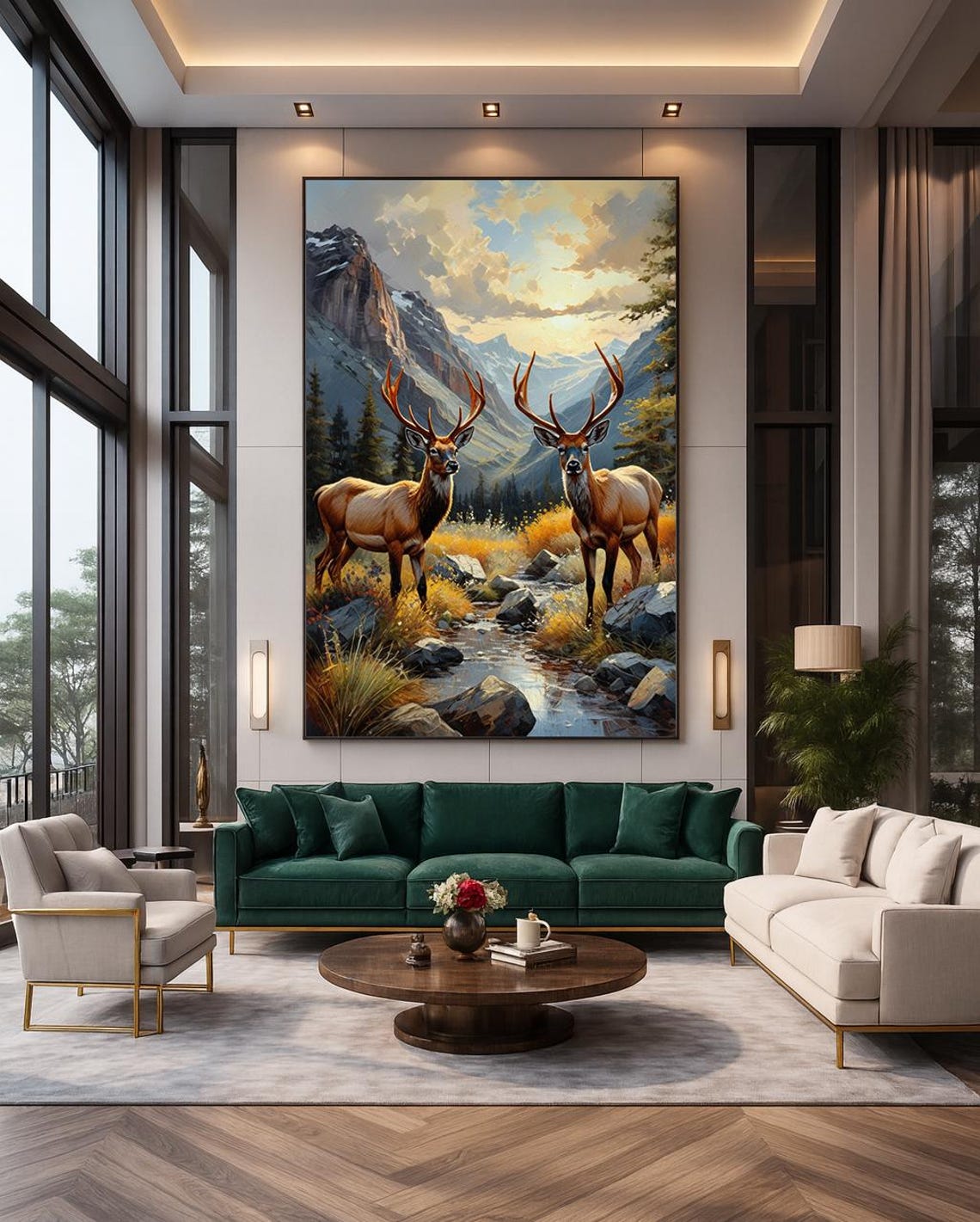 Majestic Elk Pair Autumn Mountain Stream Golden Wildlife Art Print