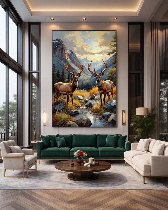 Majestic Elk Pair Autumn Mountain Stream Golden Wildlife Art Print