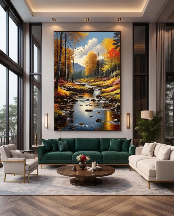 Autumn Stream Golden Birch Trees Mirror Reflections Rustic Nature Print