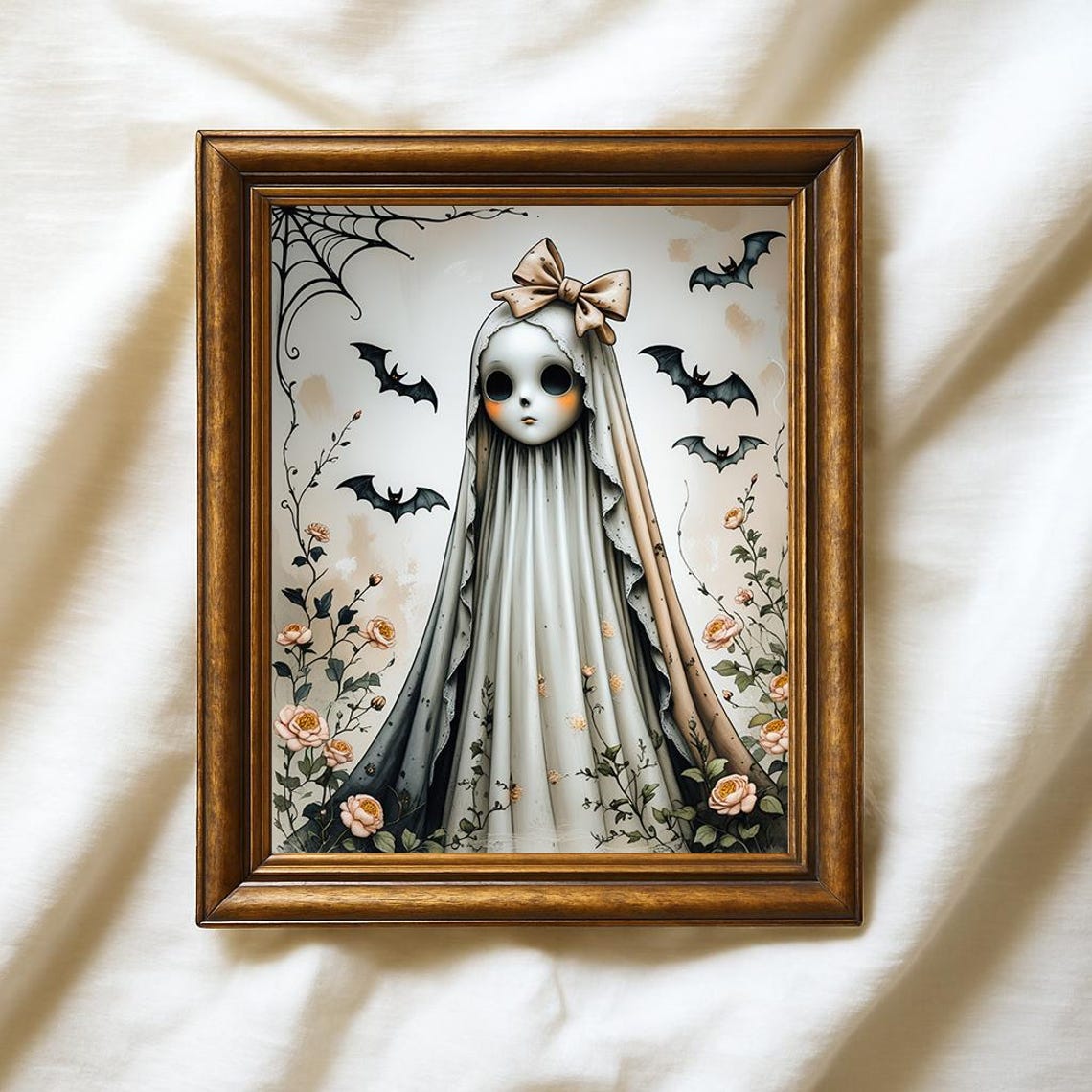 Haunted Doll Print Gothic Halloween Wall Art With Bats Roses