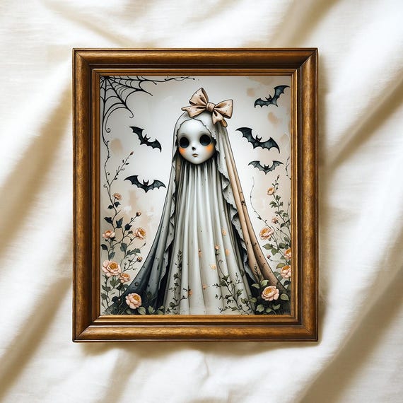 Haunted Doll Print Gothic Halloween Wall Art With Bats Roses