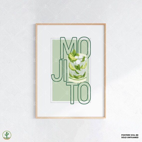Mojito Outlined Typography Cocktail Poster Mint Green Bar Art