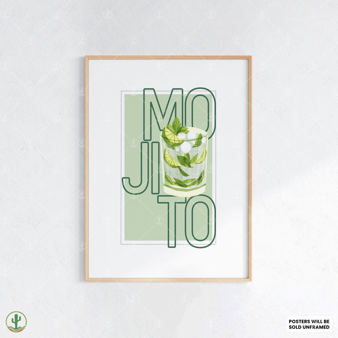 Mojito Outlined Typography Cocktail Poster Mint Green Bar Art