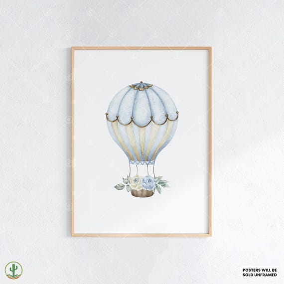 Blue Vintage Balloon Poster Nursery Wall Art Print Cute Baby Room Decor Animal Kids