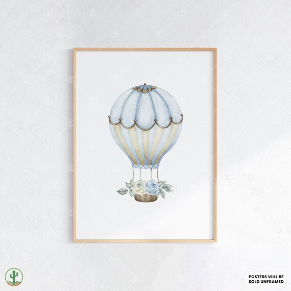 Blue Watercolor Hot Air Balloon Poster Floral Nursery Baby Room Art