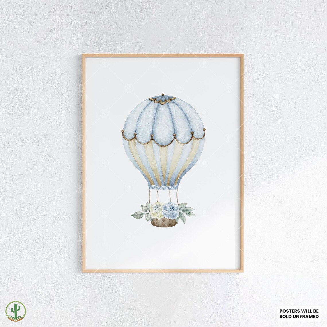 Blue Watercolor Hot Air Balloon Poster Floral Nursery Baby Room Art