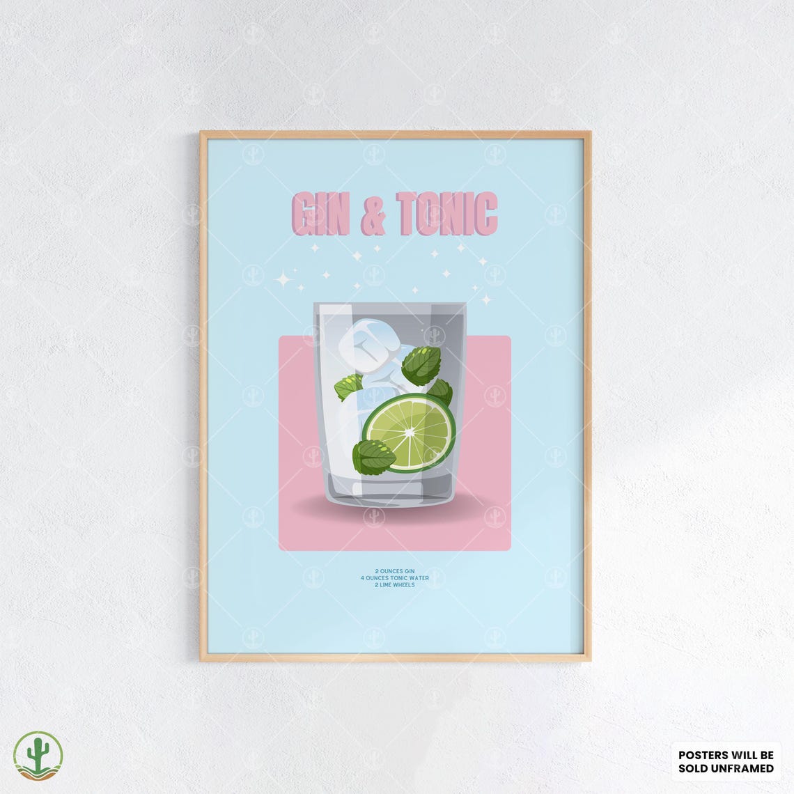 Gin and Tonic Mint Lime Blue Pink Pastel Cocktail Illustration Poster