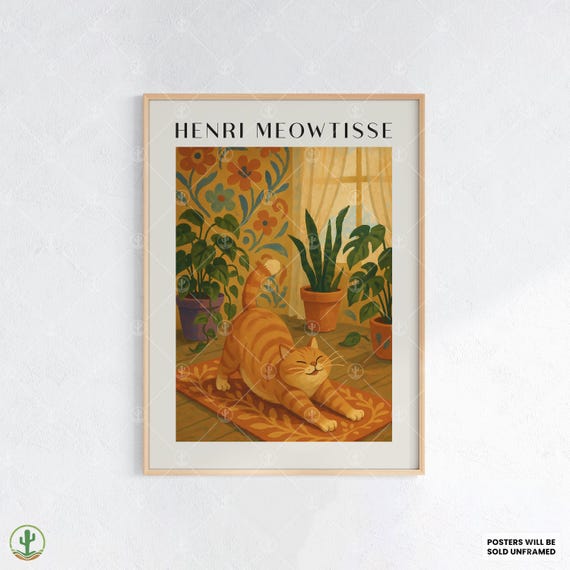 Whimsical Henri Matisse Style Cat Art Print Happy Orange Tabby Stretching On Floral Mat In Cozy Room With Houseplants And Warm Light