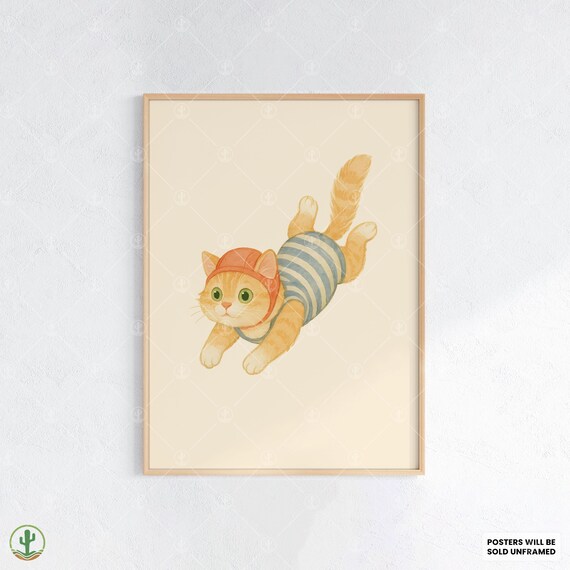 Orange Tabby Kitten Swimming in Striped Suit Watercolor Pool Art Print