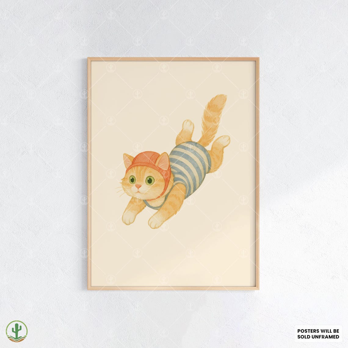 Orange Tabby Kitten Swimming in Striped Suit Watercolor Pool Art Print