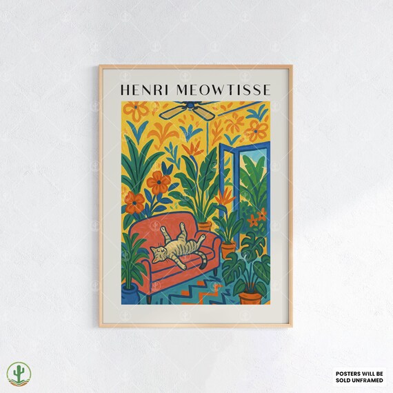 Henri Meowtisse Cat on Red Sofa Matisse Style Floral Living Room Art Print