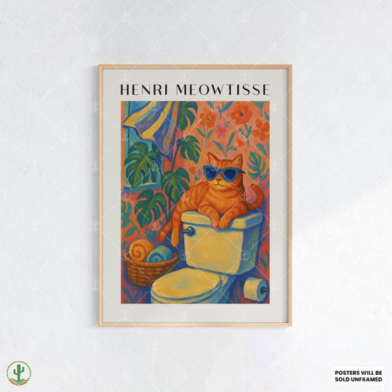 Bold Henri Matisse Style Cat Bathroom Art Print Cool Tabby On Toilet With Sunglasses Tropical Plants And Vibrant Floral Wallpaper
