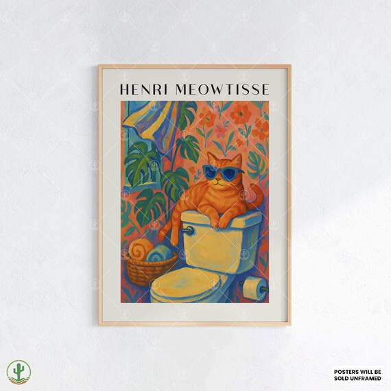 Henri Meowtisse Sunglasses Cat on Toilet Bathroom Humor Poster