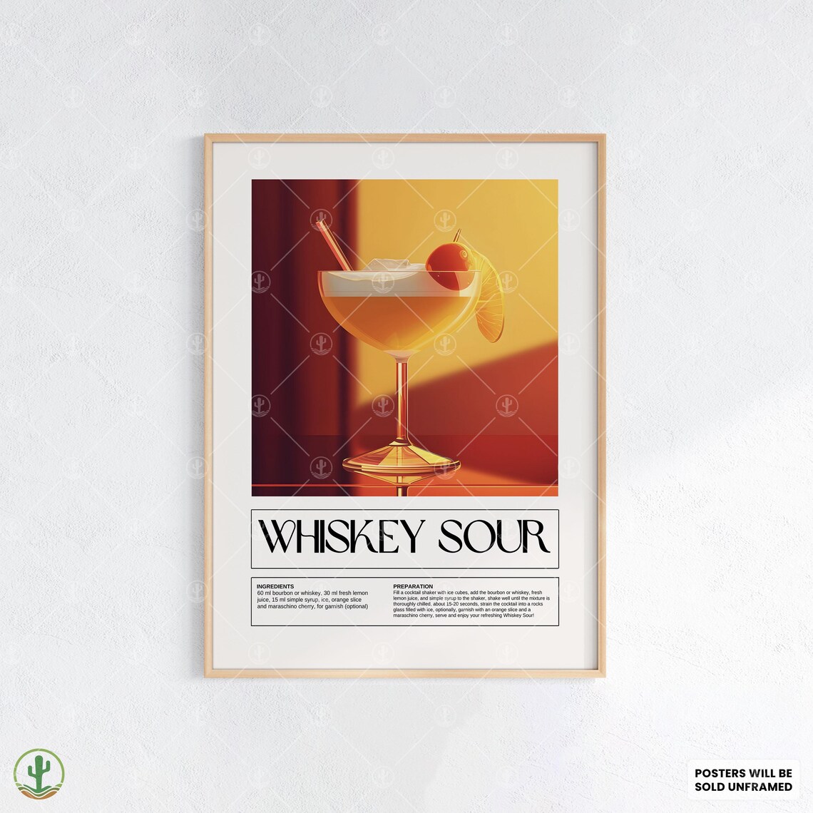 Whiskey Sour Cocktail Recipe Poster Golden Coupe Cherry Retro Bar Art