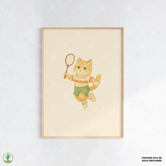 Cute Kitten Racket Sports Player Poster for Kids Nursery Decor