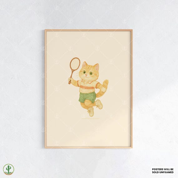 Playful Tennis Cat Watercolor Art Print Energetic Orange Tabby Kitten Sports Poster For Lovers And Game Room Decor