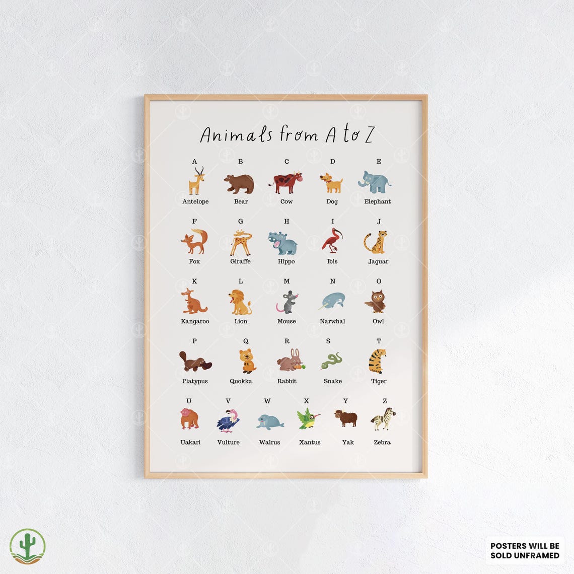 Animals From A to Z ABC Alphabet Kids Educational Nursery Poster