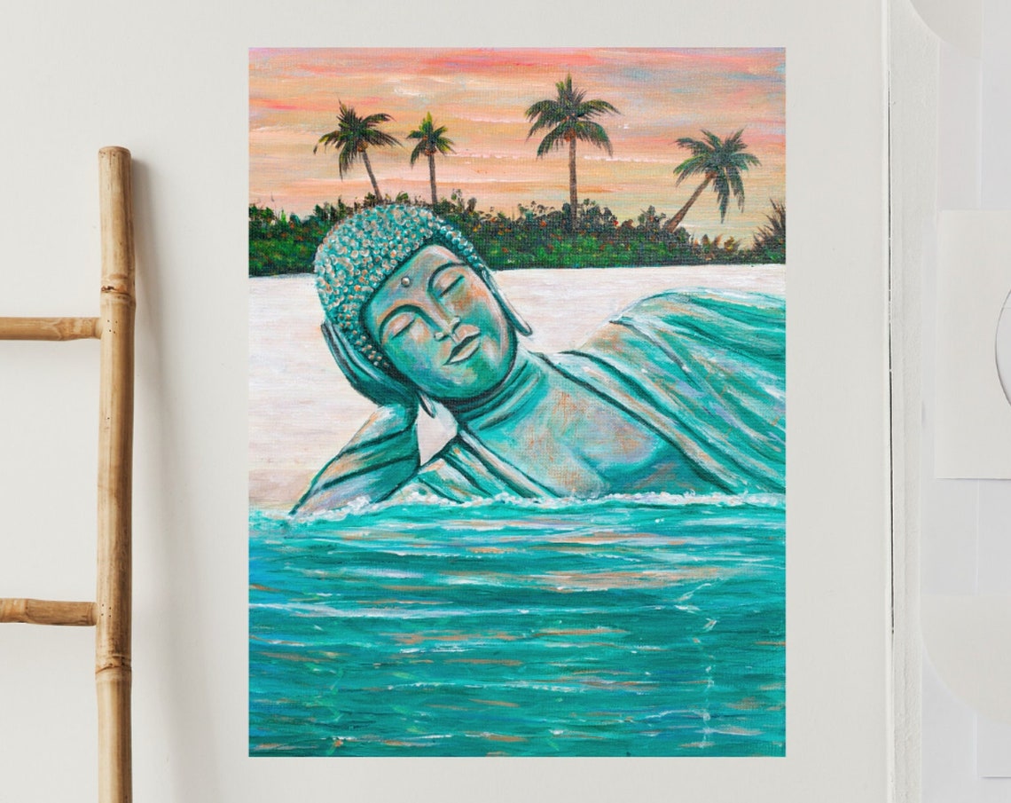 Reclining Buddha Statue Ocean Sunset Palm Beach Zen Meditation Poster - Image 2