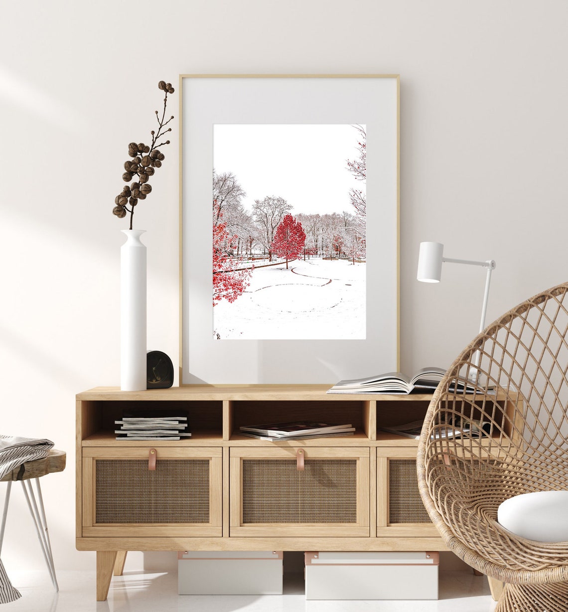 Snowy Park Red Leaf Trees Winter Wonderland Landscape Photo Poster - Image 4