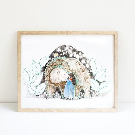 Little Girl Hugging Bear Whimsical Kids Room Illustration Poster