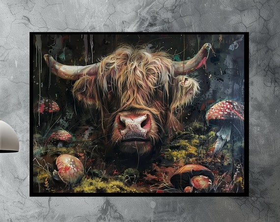 Undead Highland Cow Oil Art Print Colourful Scottish Wall Art Matte Black Frame Zombie Gothic Decor Home Interior