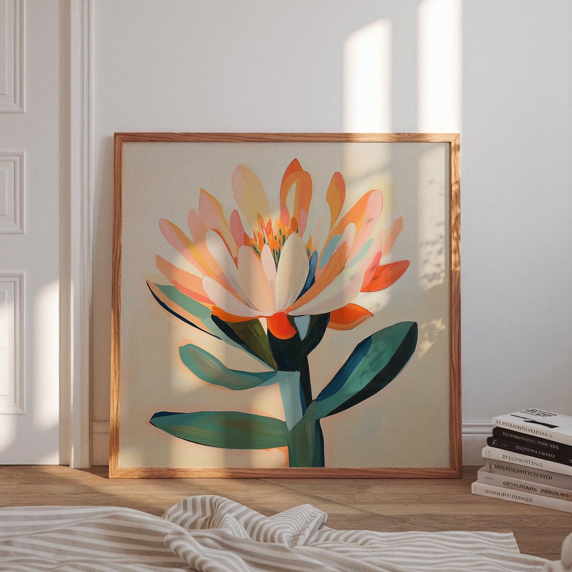 Abstract Orange Flower Bloom Teal Leaves Modern Botanical Art Poster