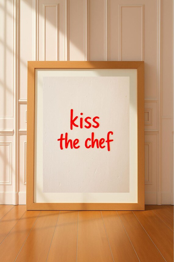 Kiss The Chef Kitchen Wall Art Bold Red Typography Print Modern Playful Cooking Decor For Food Lovers